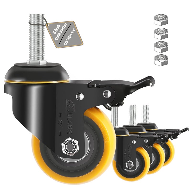 Julang 3 inch Caster Wheels, 3/8 Threaded stem Casters Set of 4 Heavy Duty, (Thread 3/8"-16 x1.25, Load Capacity 2000 lbs), Thread Stem Casters for Wire Shelving,Furniture,Carts - Image 1
